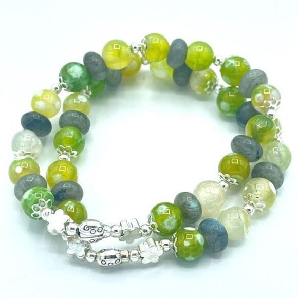 Ladybug labradorite green orca agate beaded stretch bracelet ONE NEW crystal - Picture 1 of 8
